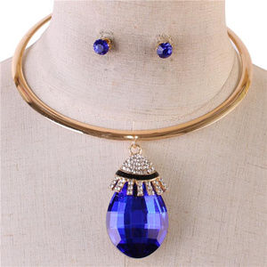 Royal Blue Crystal Tear Choker Necklace Earring